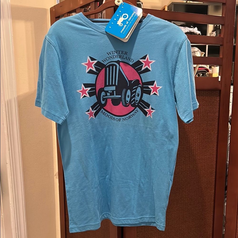 Moods of Norway Blue Tee with Pink and Black Tractor Design